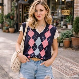 Vintage Tabi Argyle Sweater Vest 100% Cotton Preppy Boho Academia M